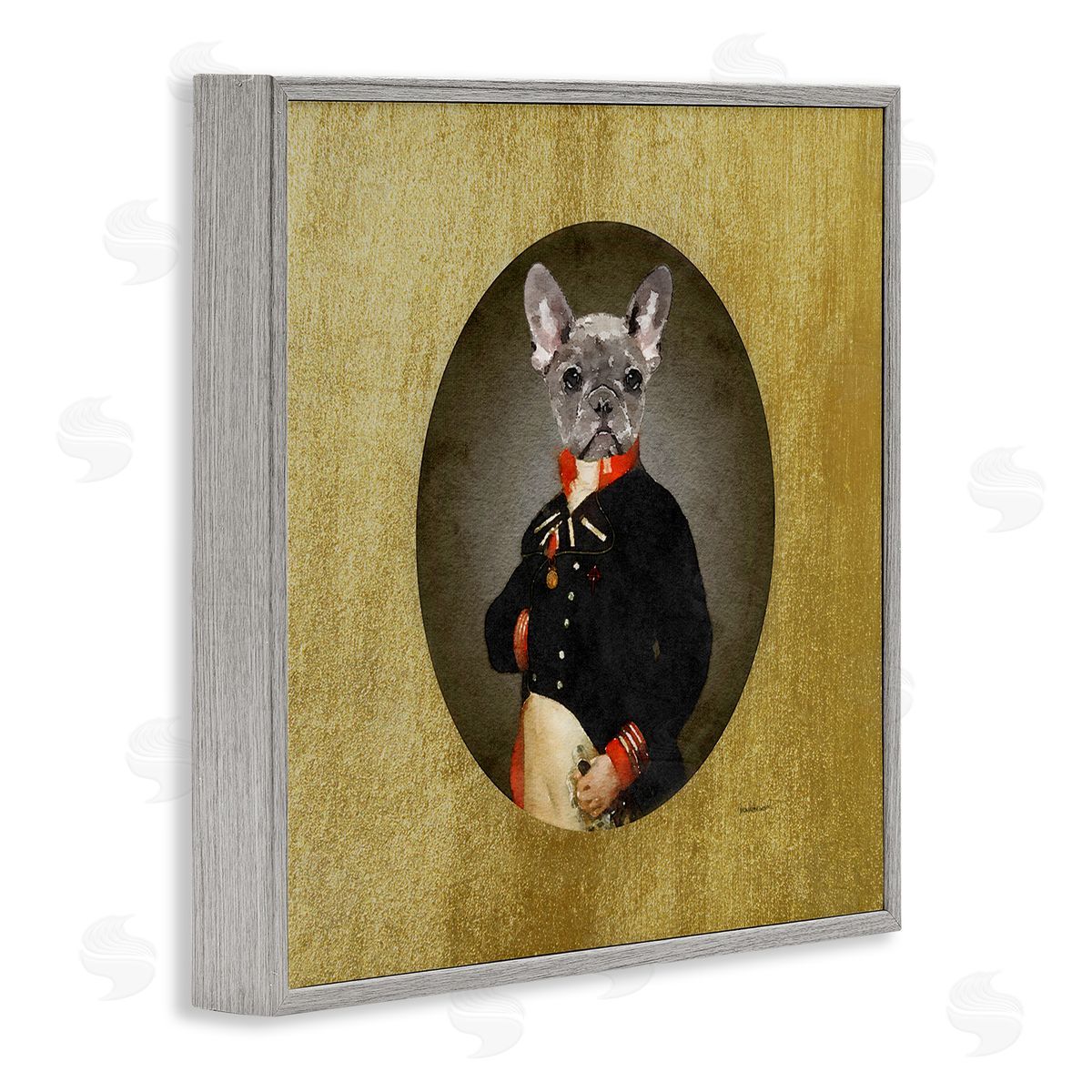 Amanda Greenwood Antique Style Dog Portrait Wearing Military Suit  Gray Framed Glicee Wall Art Print
