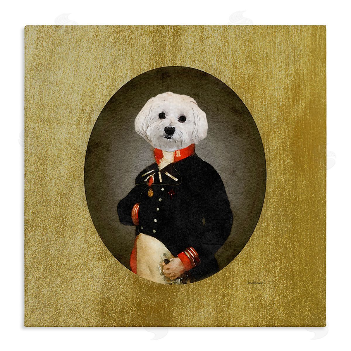 Amanda Greenwood Funny Classic Vintage Style White Dog Wearing Military Uniform Stretched Canvas Wall Art Print