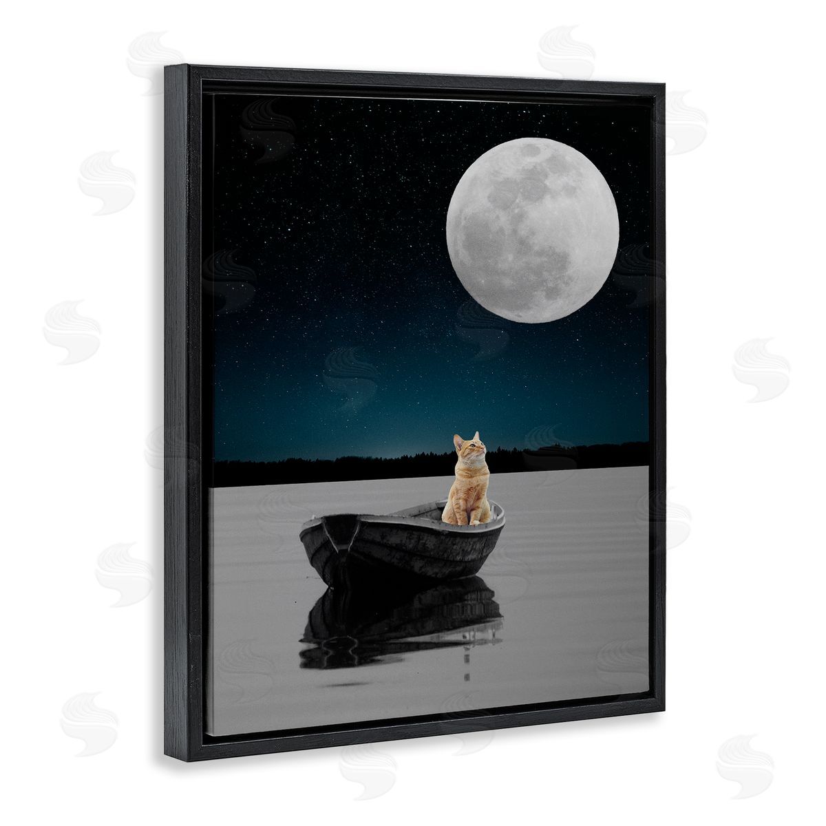 Bellassai Art Orange Cat in Night Rowboat Black Floating Frame Canvas Wall Art Print