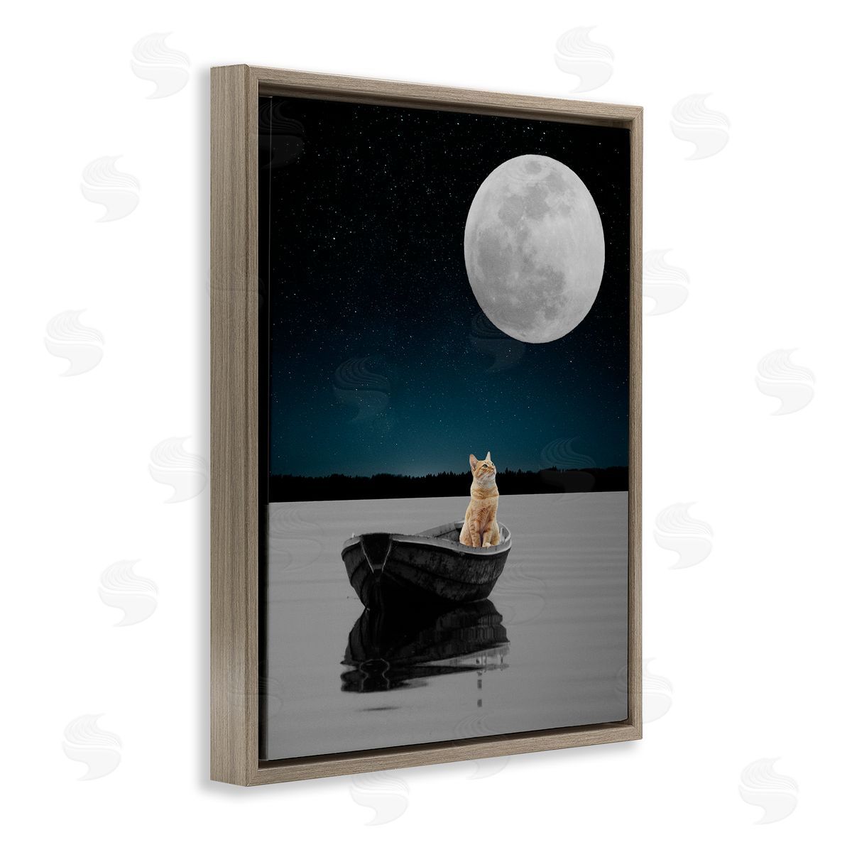 Bellassai Art Orange Cat in Night Rowboat Brown Floating Frame Canvas Wall Art Print