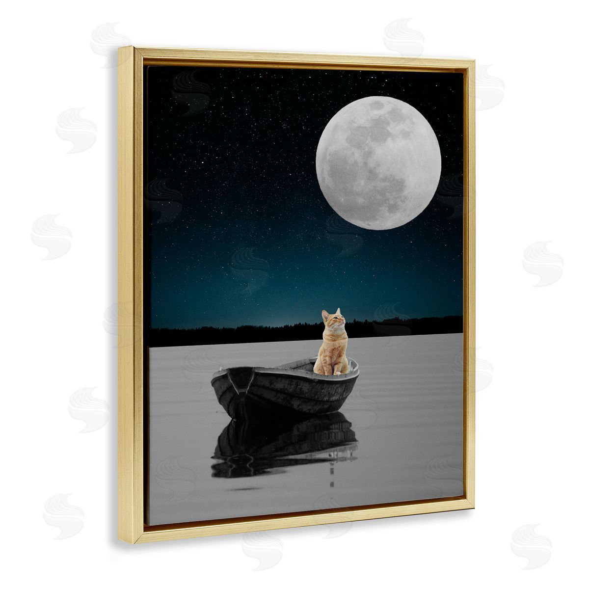 Bellassai Art Orange Cat in Night Rowboat Gold Floating Frame Canvas Wall Art Print