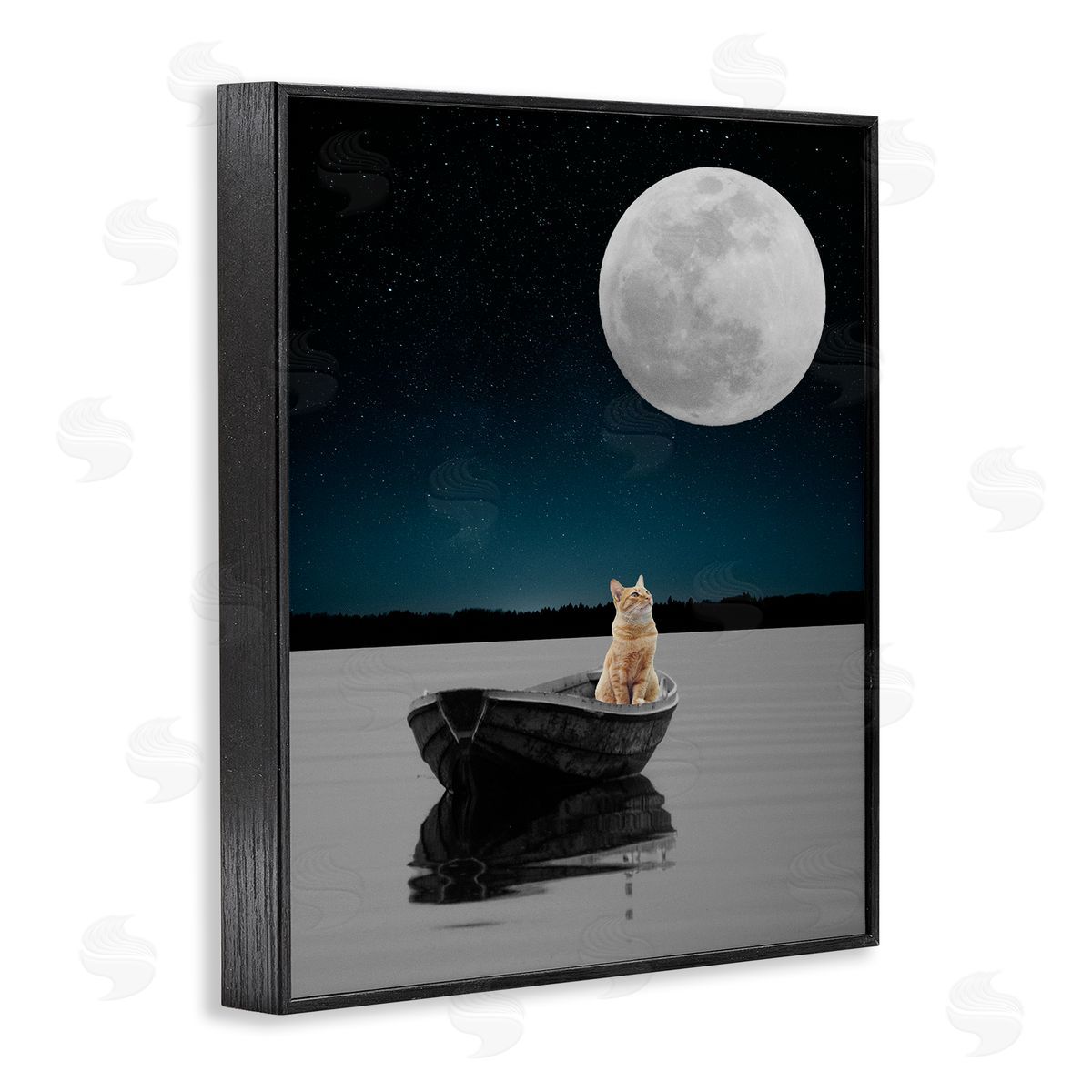 Bellassai Art Orange Cat in Night Rowboat Black Frame Giclee Wall Art Print