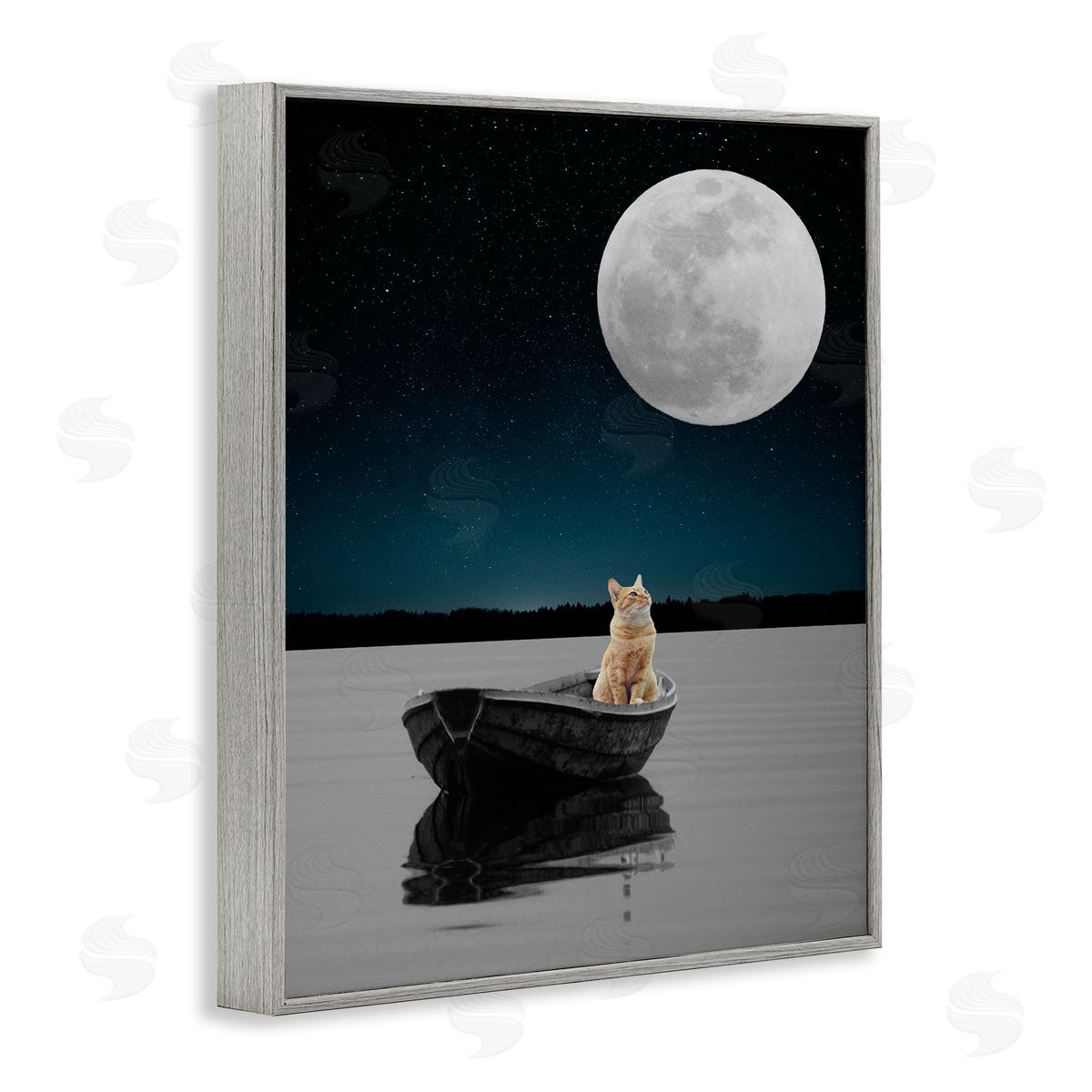 Bellassai Art Orange Cat in Night Rowboat Gray Frame Giclee Wall Art Print