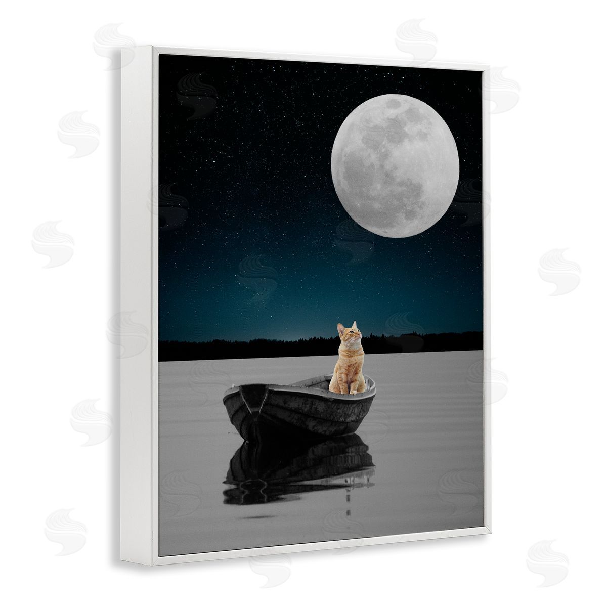 Bellassai Art Orange Cat in Night Rowboat White Frame Giclee Wall Art Print