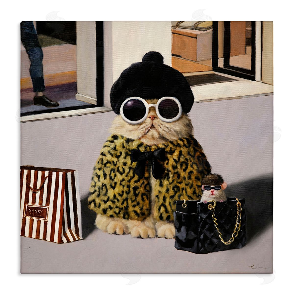 Lucia Heffernan Sassy Glam Cat Designer Fashion Couture Handbag  Stretched Canvas Wall Art Print