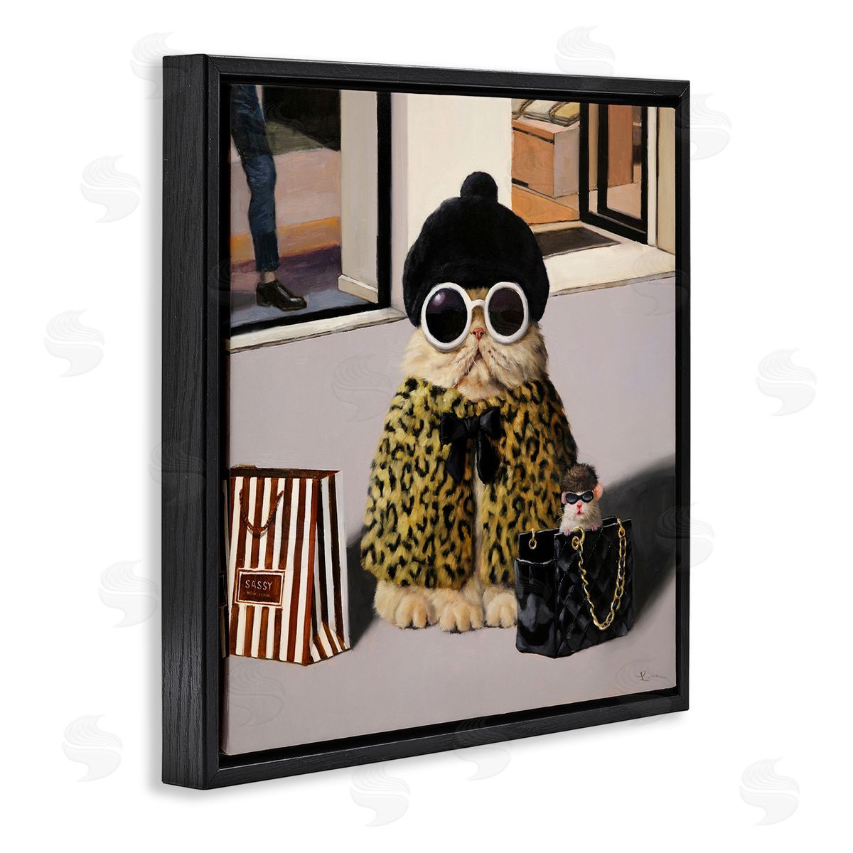 Lucia Heffernan Sassy Glam Cat Designer Fashion Couture Handbag  Black Floating Frame Canvas Wall Art Print
