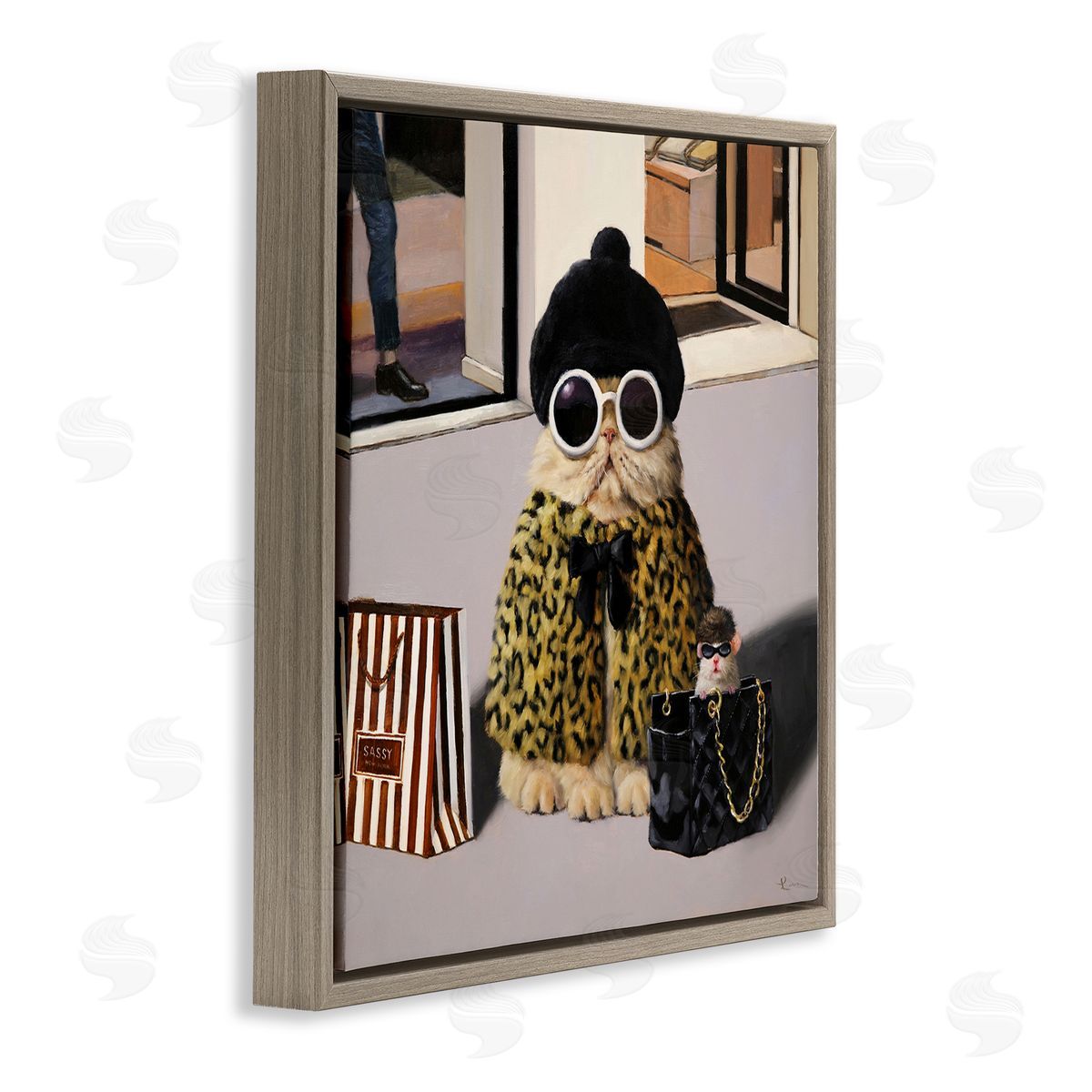 Lucia Heffernan Sassy Glam Cat Designer Fashion Couture Handbag  Brown Floating Frame Canvas Wall Art Print