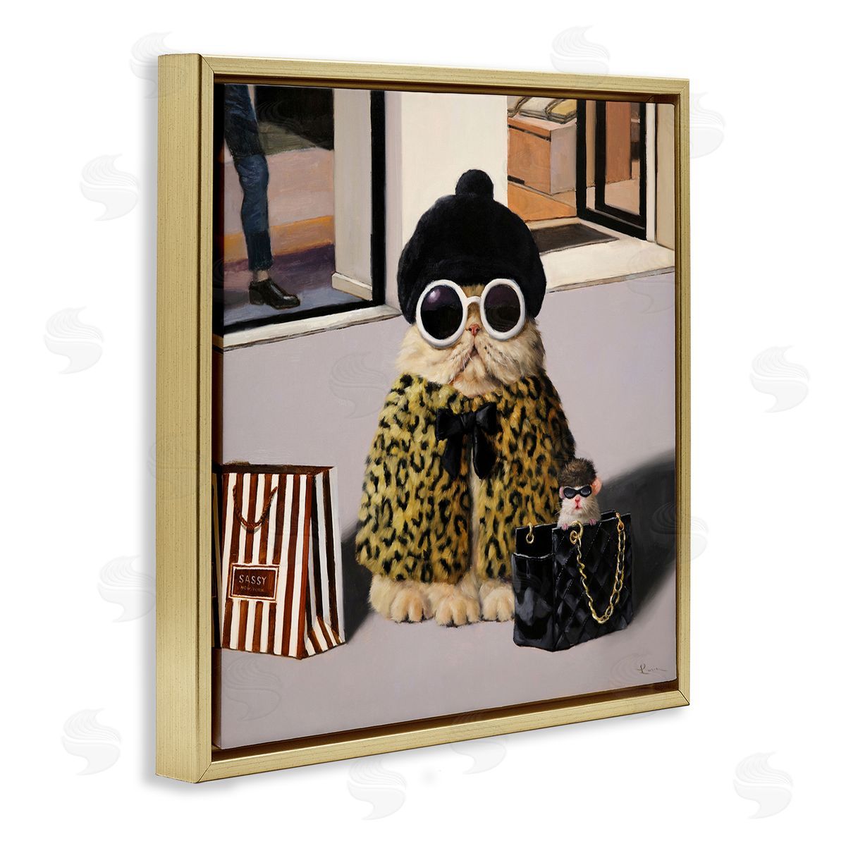 Lucia Heffernan Sassy Glam Cat Designer Fashion Couture Handbag  Gold Floating Frame Canvas Wall Art Print