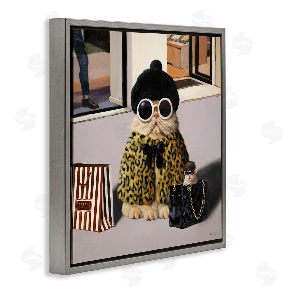 Lucia Heffernan Sassy Glam Cat Designer Fashion Couture Handbag  Gray Floating Frame Canvas Wall Art Print
