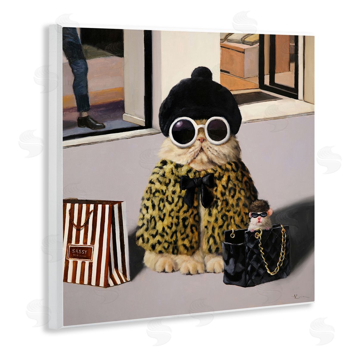 Lucia Heffernan Sassy Glam Cat Designer Fashion Couture Handbag  Wooden Wall Plaque Art Print