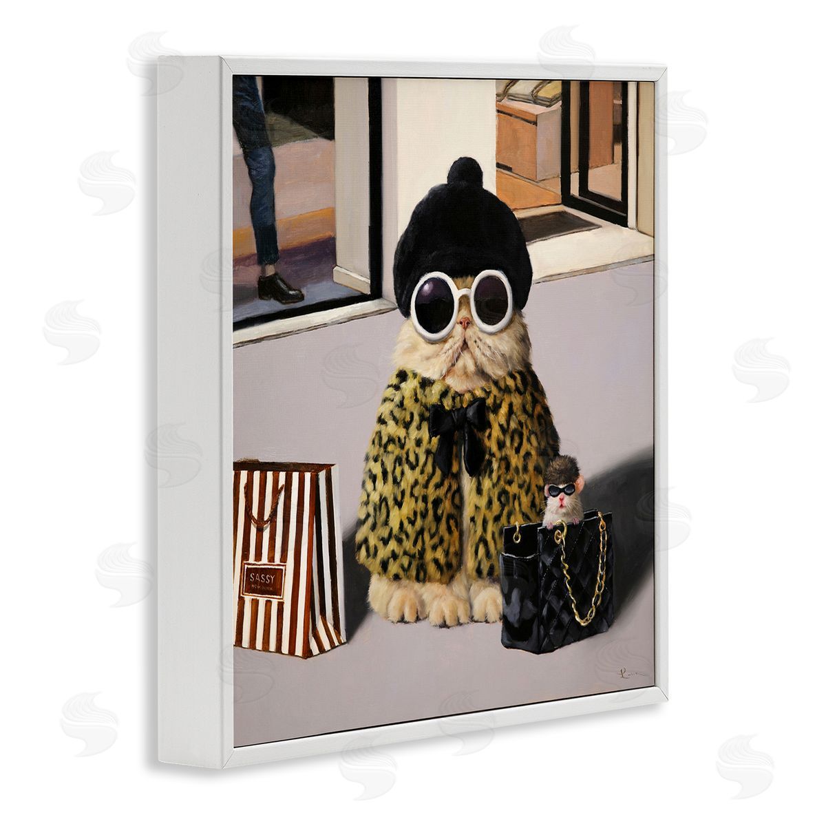Lucia Heffernan Sassy Glam Cat Designer Fashion Couture Handbag  White Framed Glicee Wall Art Print