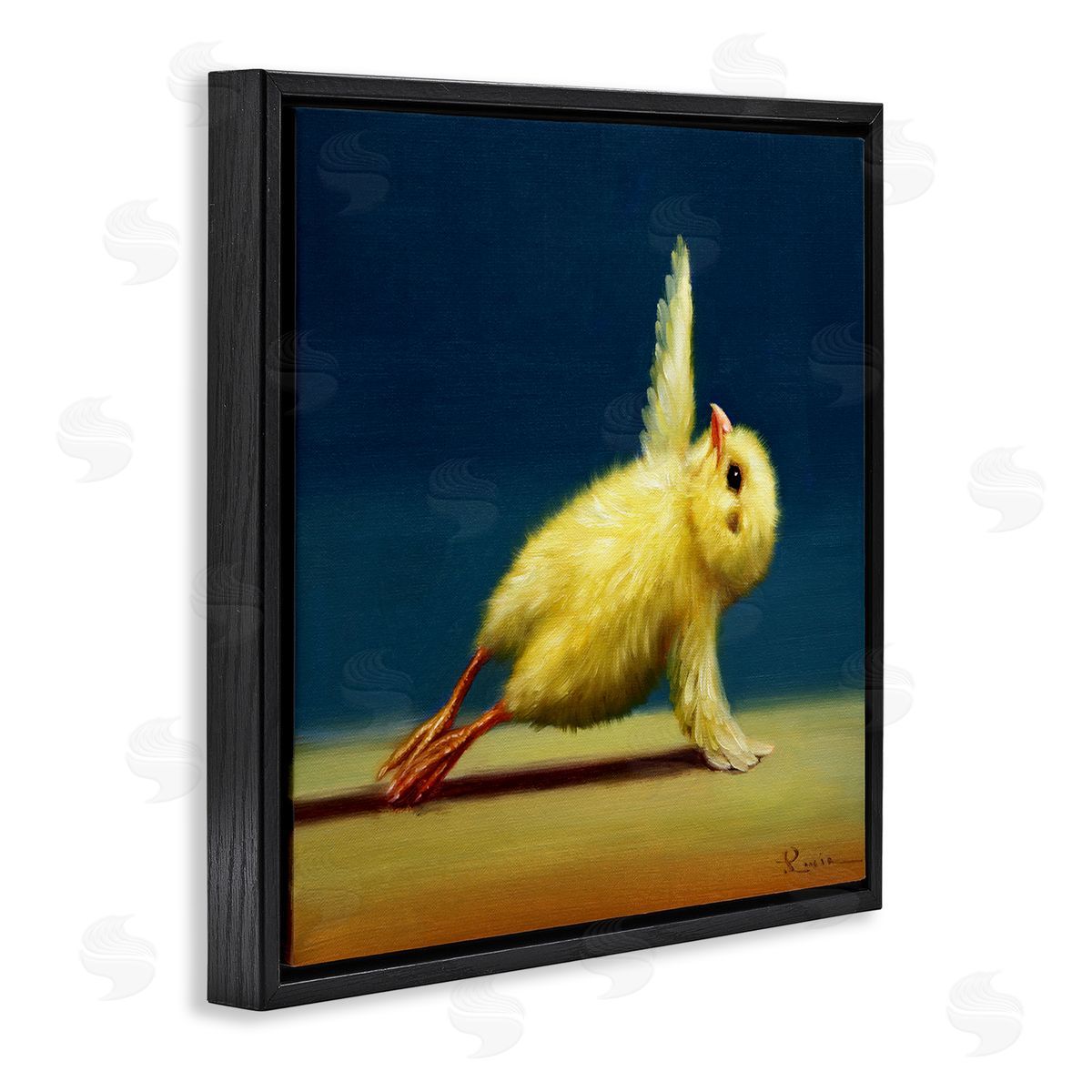 Yellow Chick Stretching Yoga Black Floating Frame Canvas Wall Art, Home Decor by Lucia Heffernan
