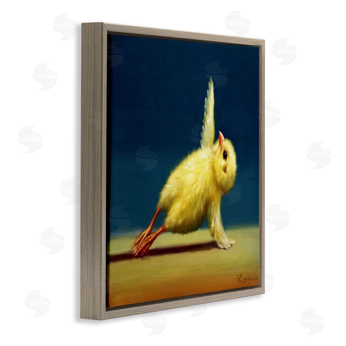 Yellow Chick Stretching Yoga Brown Floating Frame Canvas Wall Art, Home Decor by Lucia Heffernan