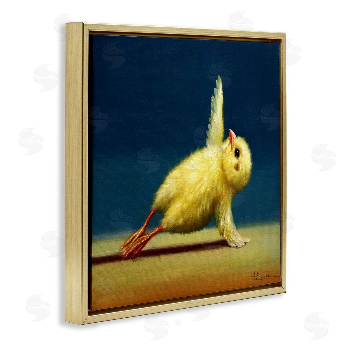 Yellow Chick Stretching Yoga Gold Floating Frame Canvas Wall Art, Home Decor by Lucia Heffernan