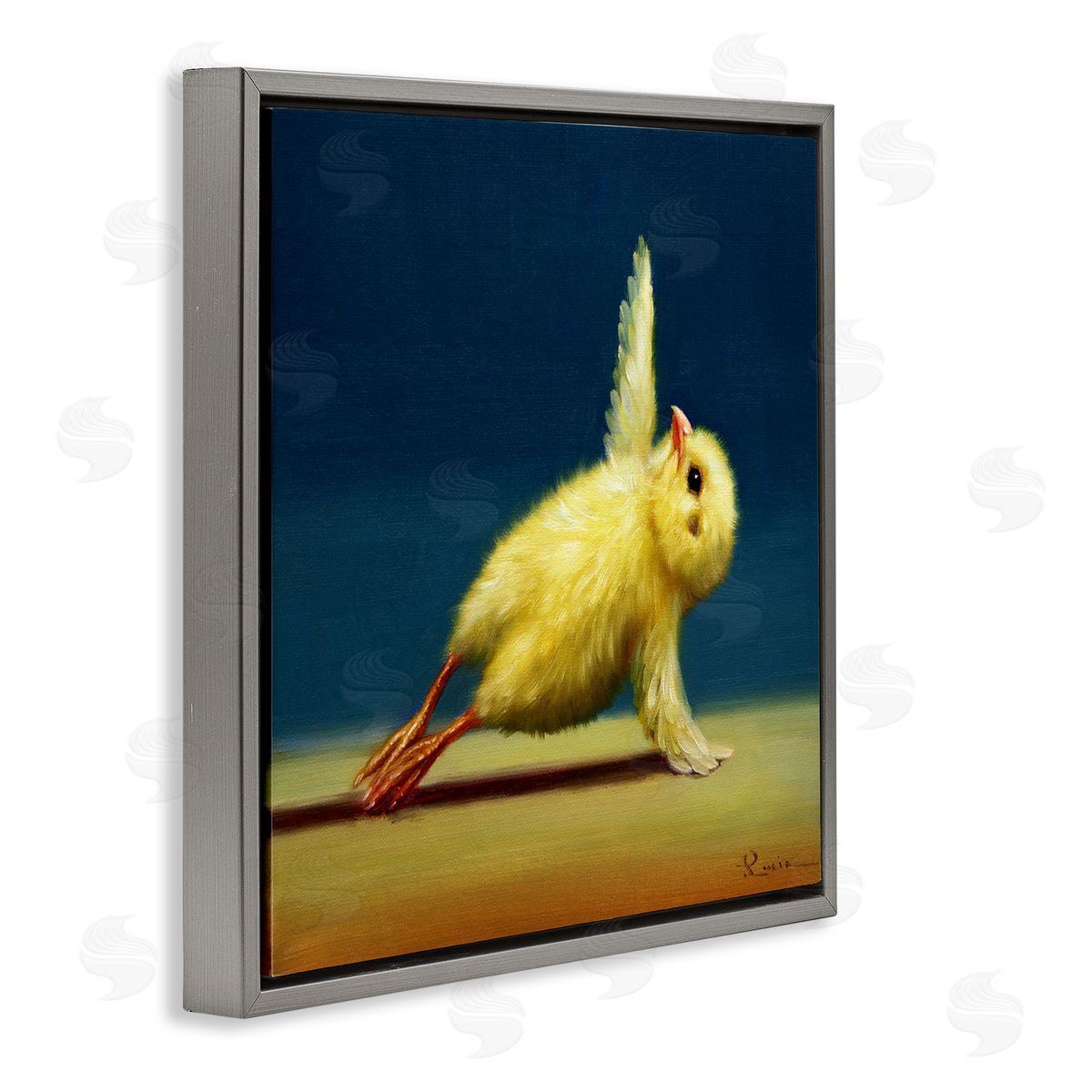 Yellow Chick Stretching Yoga Grey Floating Frame Canvas Wall Art, Home Decor by Lucia Heffernan