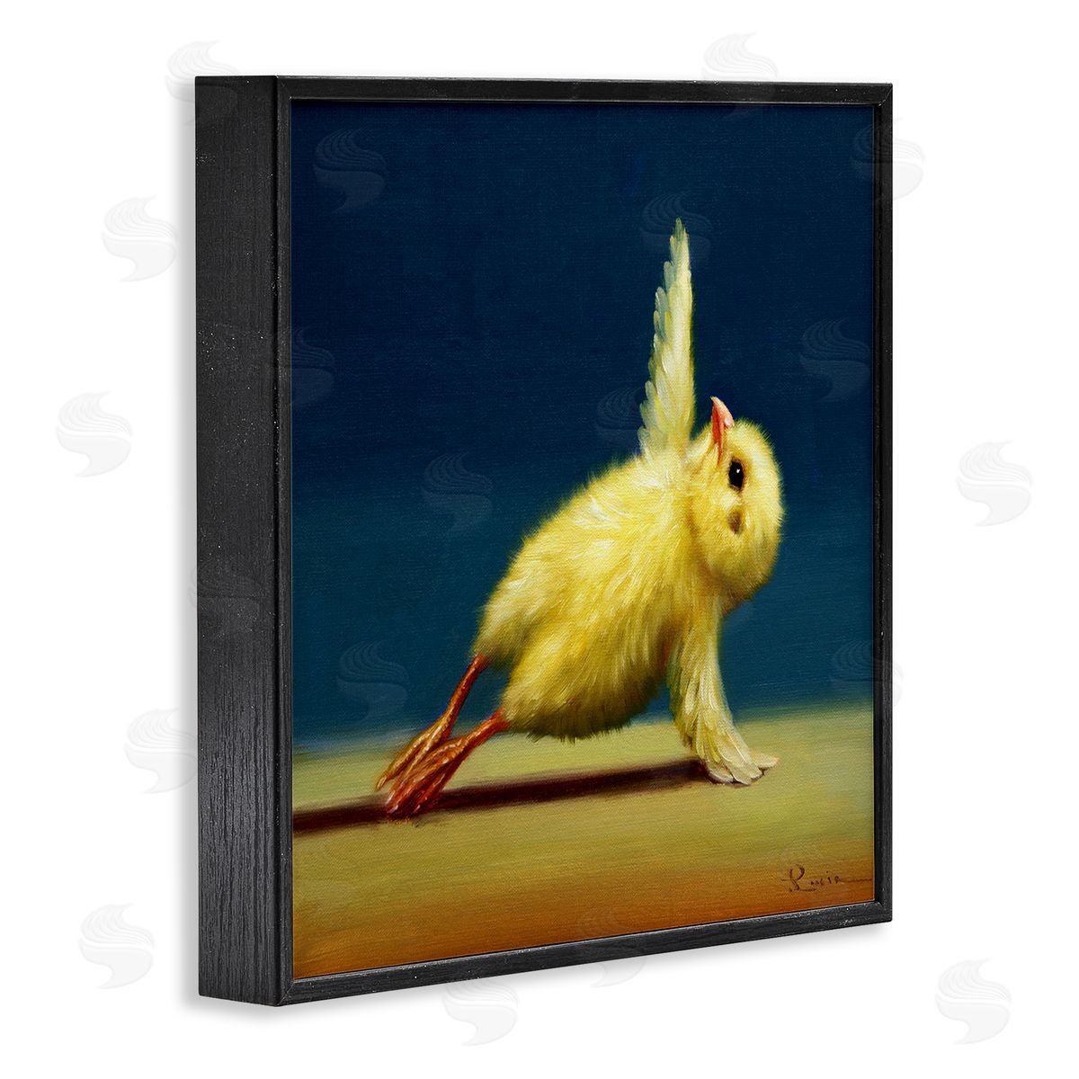 Yellow Chick Stretching Yoga Black Frame Print Wall Art, Home Decor by Lucia Heffernan