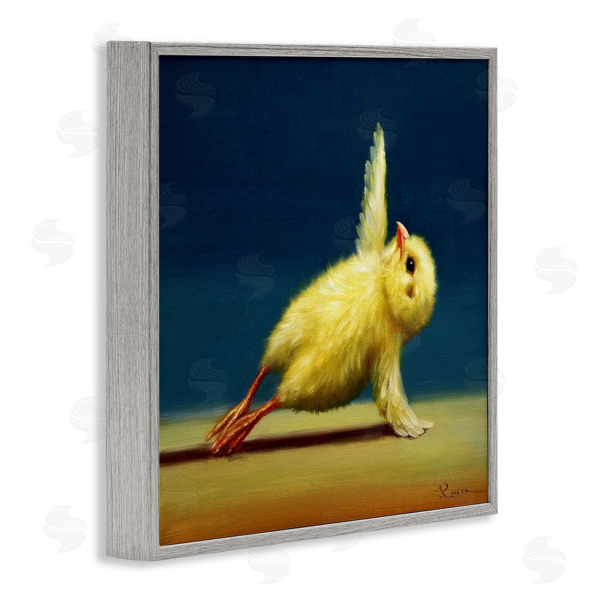 Yellow Chick Stretching Yoga Grey Frame Print Wall Art, Home Decor by Lucia Heffernan