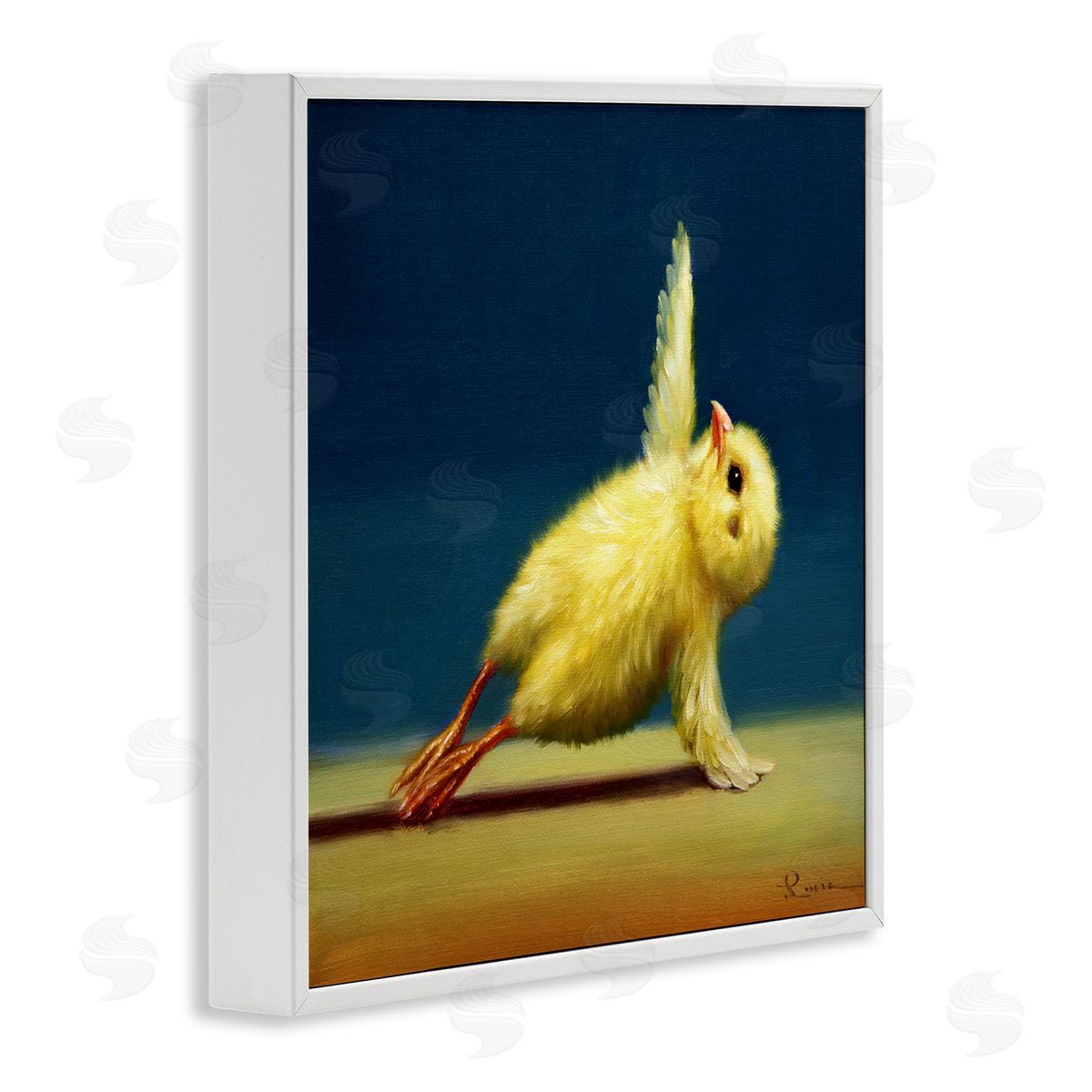 Yellow Chick Stretching Yoga White Frame Print Wall Art, Home Decor by Lucia Heffernan