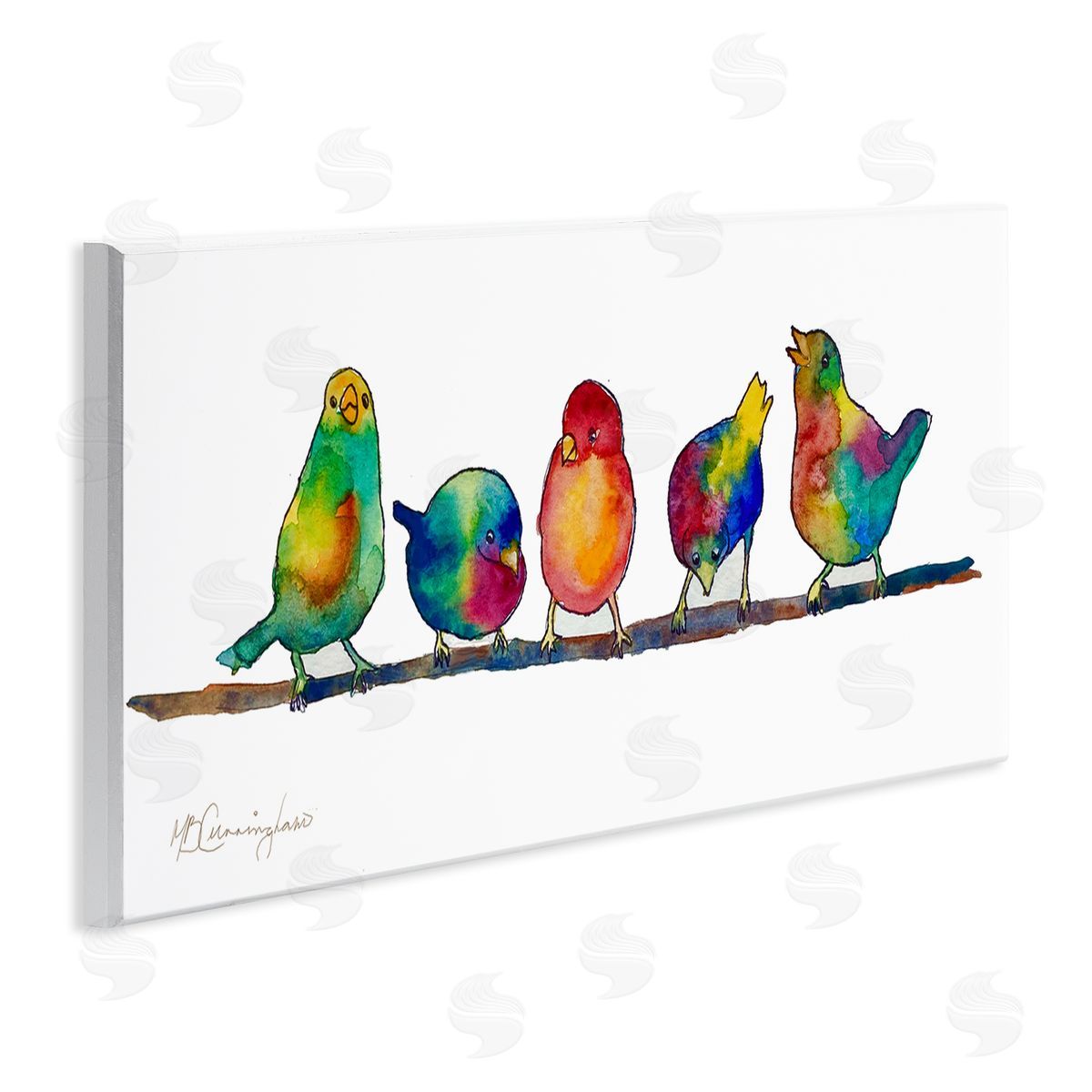 MB Cunningham Groovy Tie Dye Parakeet Birds Standing Branch 