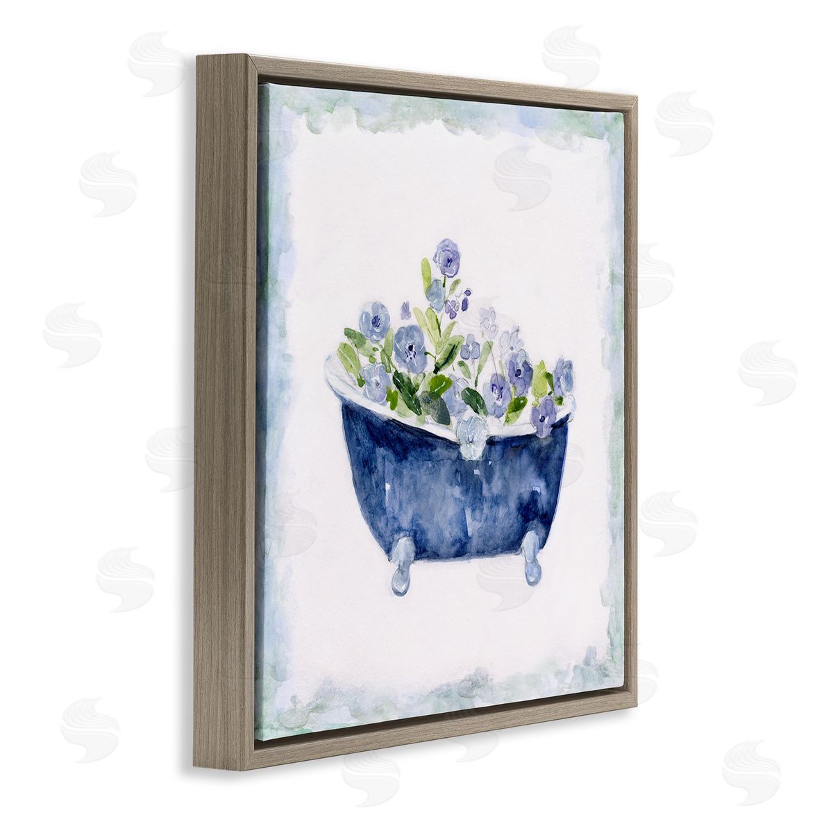 Charming Blue Bathtub Florals Brown Floating Frame Canvas Wall Art, Home Decor by Sally Swatland