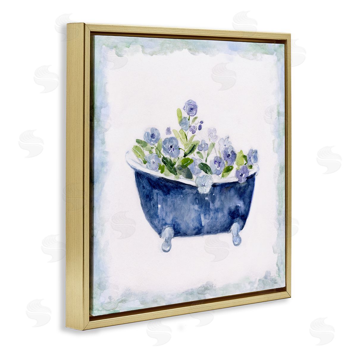 Charming Blue Bathtub Florals Gold Floating Frame Canvas Wall Art, Home Decor by Sally Swatland