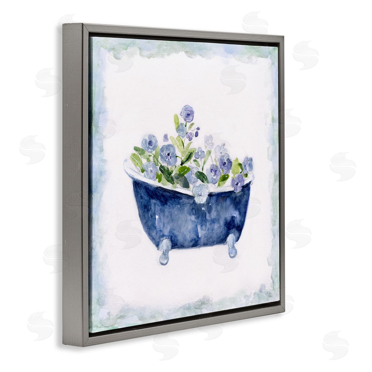 Charming Blue Bathtub Florals Grey Floating Frame Canvas Wall Art, Home Decor by Sally Swatland
