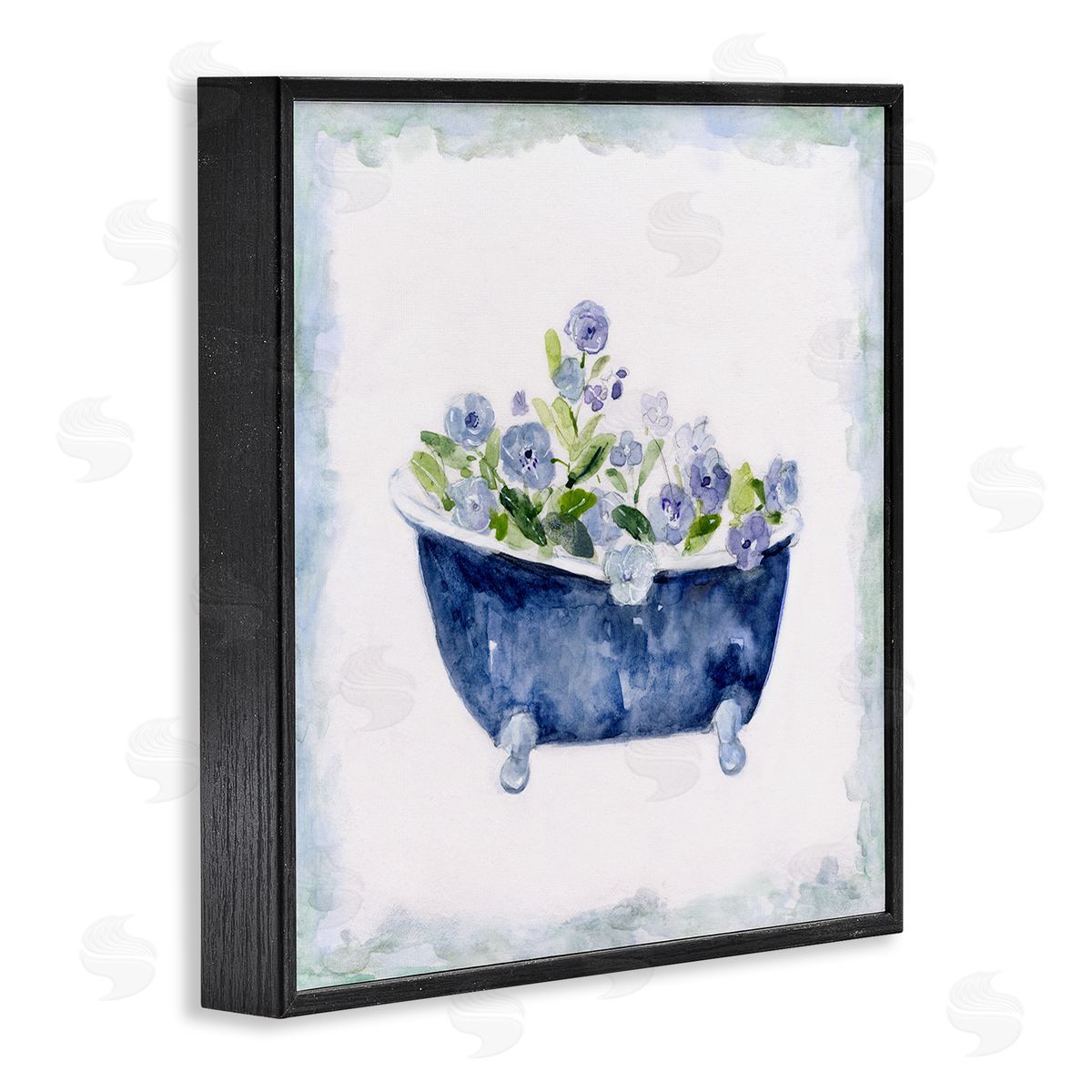 Charming Blue Bathtub Florals Black Frame Print Wall Art, Home Decor by Sally Swatland