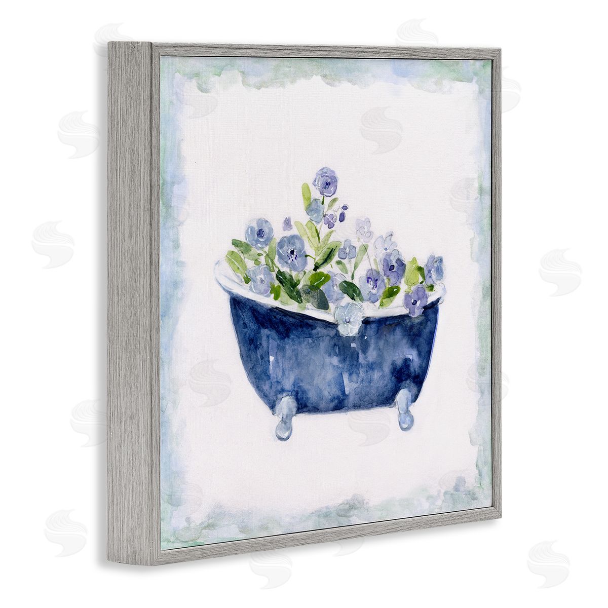 Charming Blue Bathtub Florals Grey Frame Print Wall Art, Home Decor by Sally Swatland