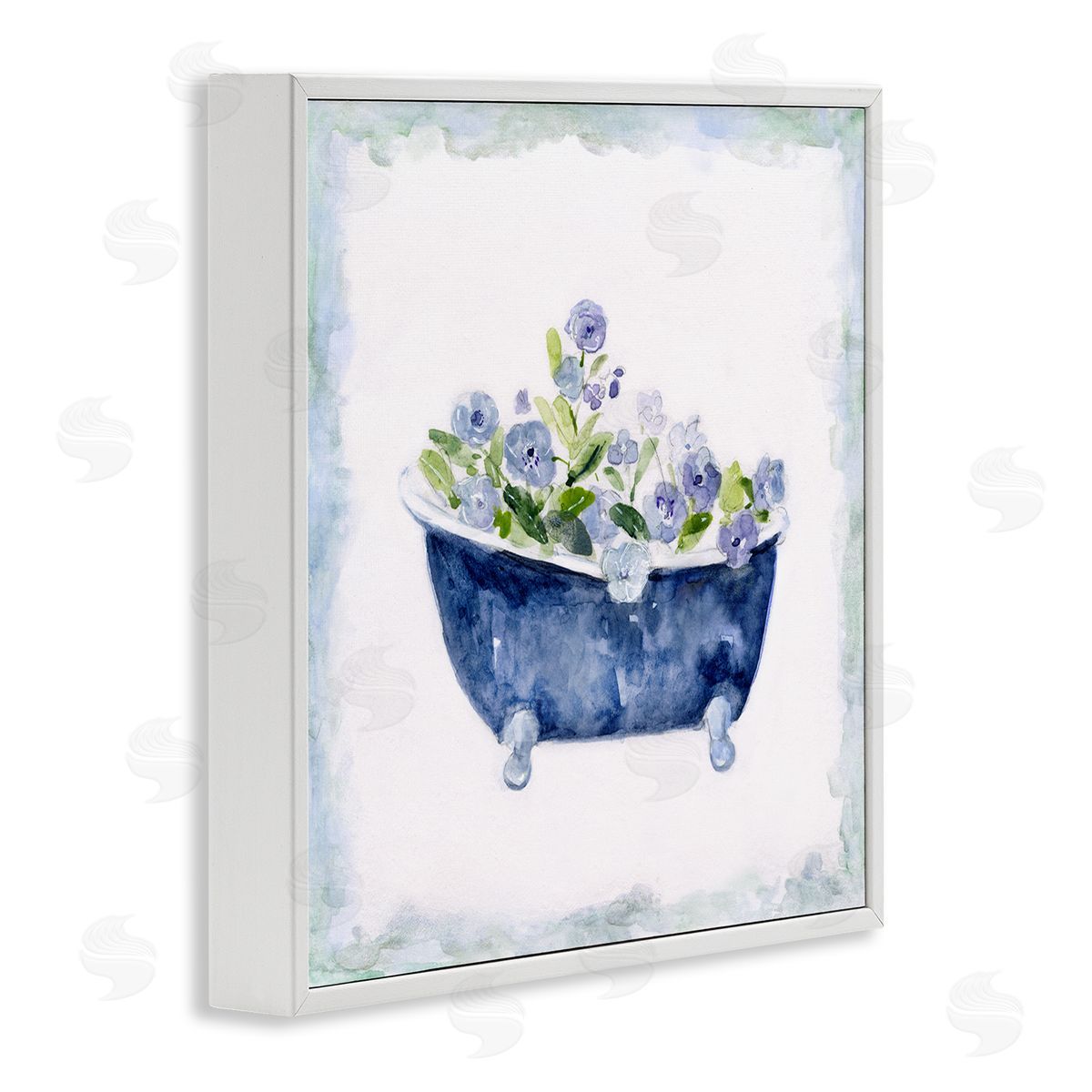 Charming Blue Bathtub Florals White Frame Print Wall Art, Home Decor by Sally Swatland