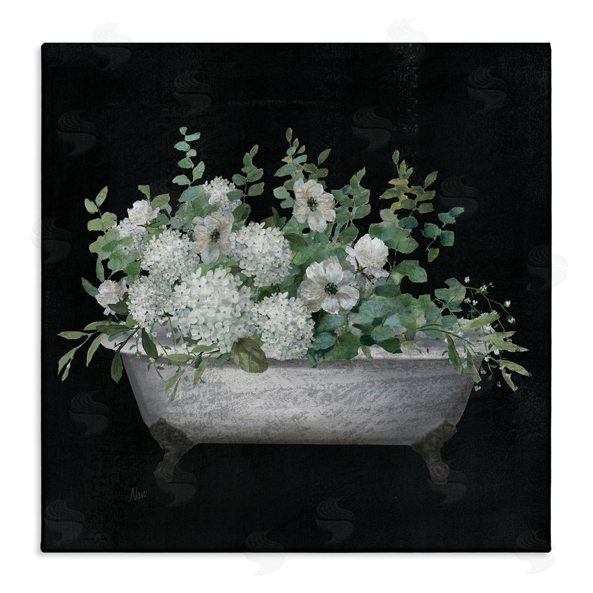 Nan Vintage Clawed Bathtub Botanical White Flower Bouquet  Stretched Canvas Wall Art Print