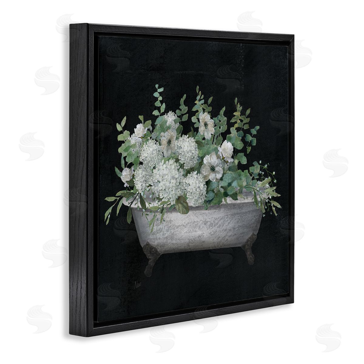 Nan Vintage Clawed Bathtub Botanical White Flower Bouquet  Black Floating Frame Canvas Wall Art Print