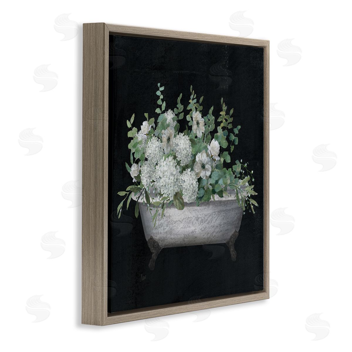 Nan Vintage Clawed Bathtub Botanical White Flower Bouquet  Brown Floating Frame Canvas Wall Art Print