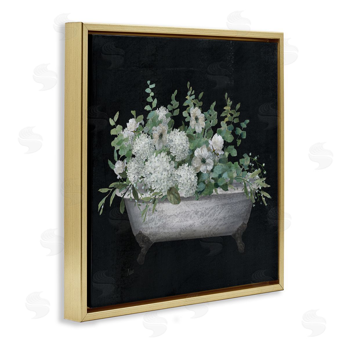 Nan Vintage Clawed Bathtub Botanical White Flower Bouquet  Gold Floating Frame Canvas Wall Art Print