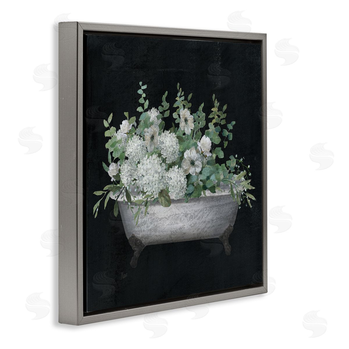 Nan Vintage Clawed Bathtub Botanical White Flower Bouquet  Gray Floating Frame Canvas Wall Art Print