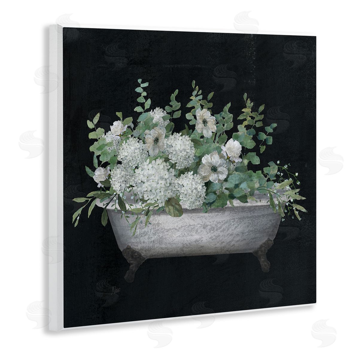 Nan Vintage Clawed Bathtub Botanical White Flower Bouquet  Wooden Wall Plaque Art Print