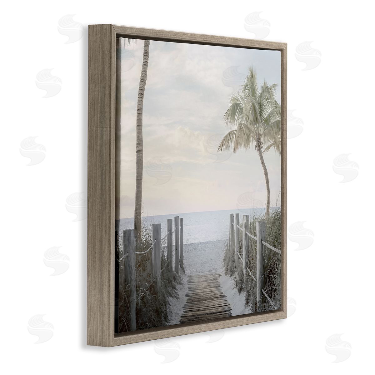 Mike Calascibetta Tropical Palm Tree Boardwalk Summer Beach Landscape  Brown Floating Frame Canvas Wall Art Print