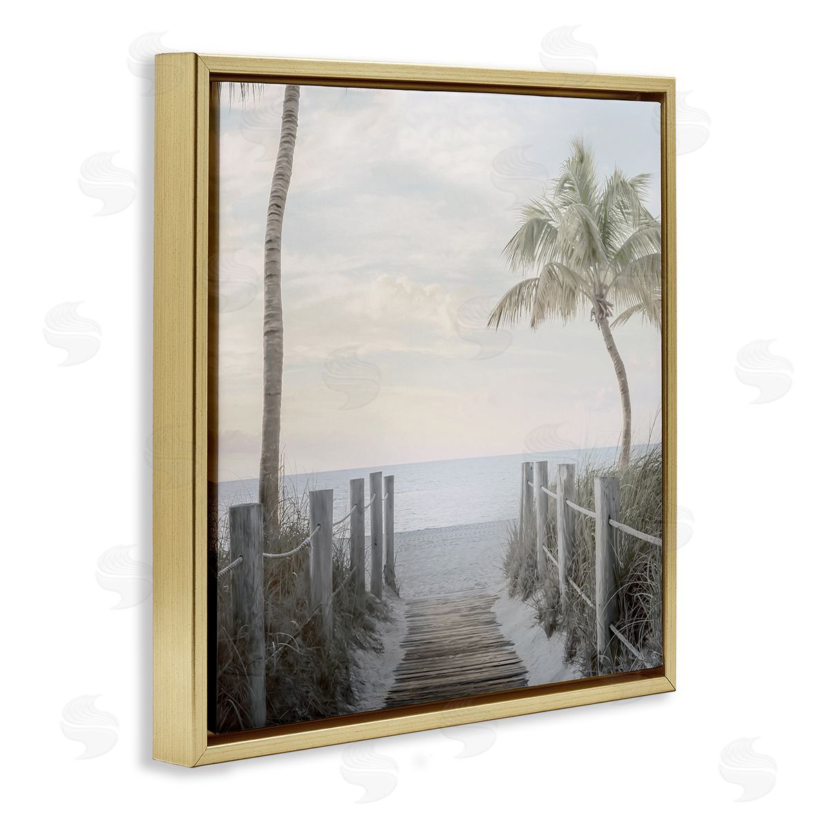 Mike Calascibetta Tropical Palm Tree Boardwalk Summer Beach Landscape  Gold Floating Frame Canvas Wall Art Print