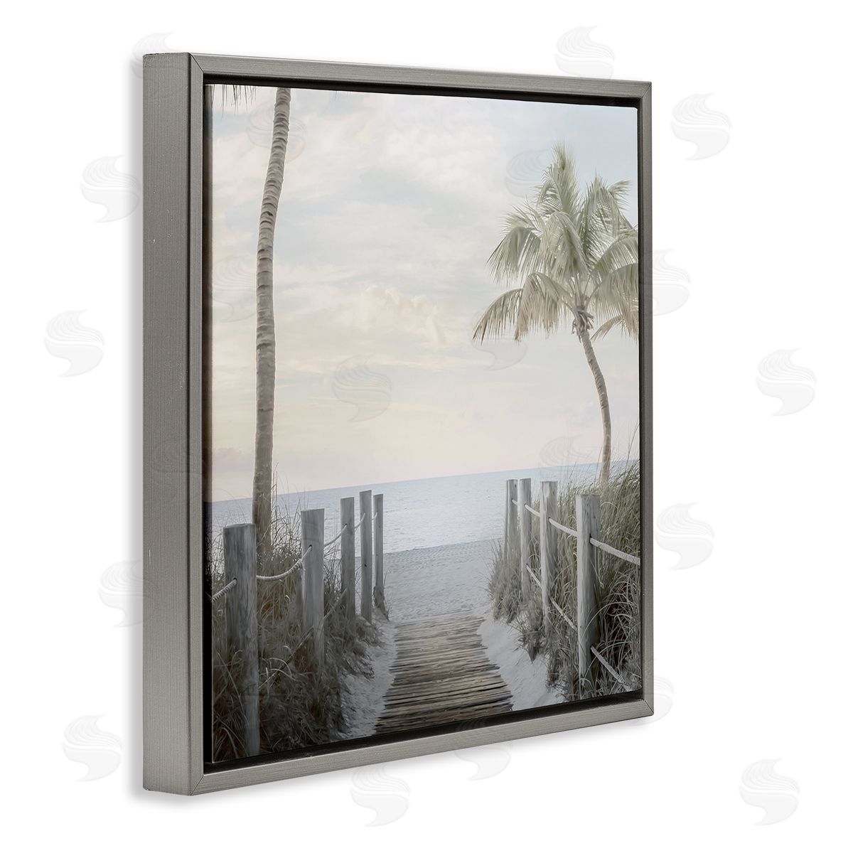 Mike Calascibetta Tropical Palm Tree Boardwalk Summer Beach Landscape  Gray Floating Frame Canvas Wall Art Print