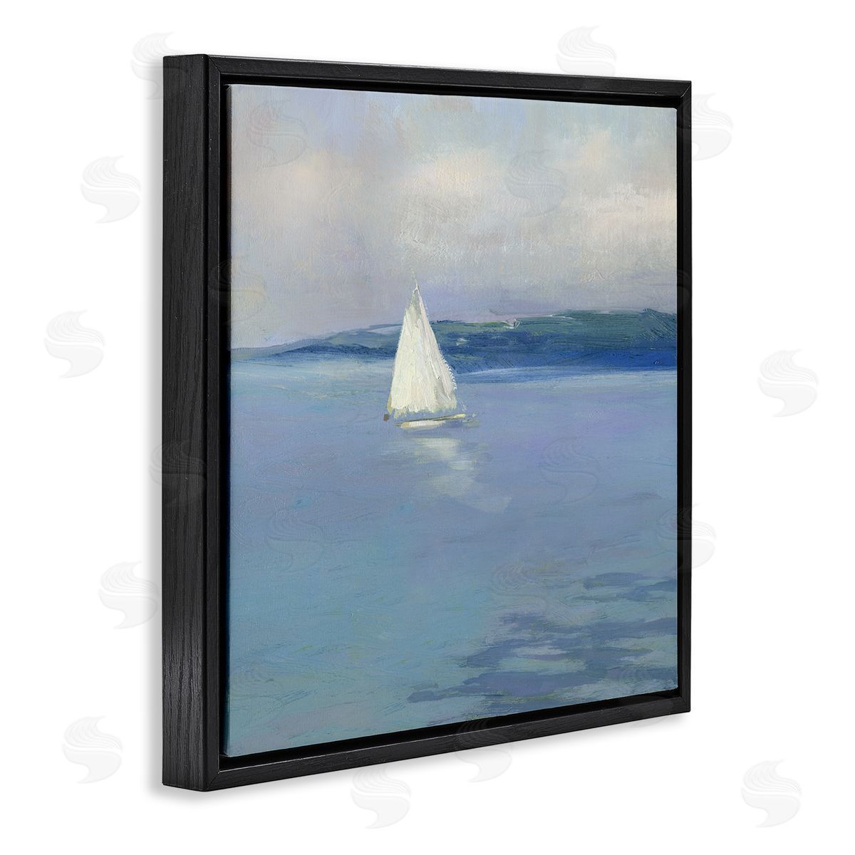 Sally Swatland Serene Sailboat Floating Water Ocean Landscape Painting  Black Floating Frame Canvas Wall Art Print