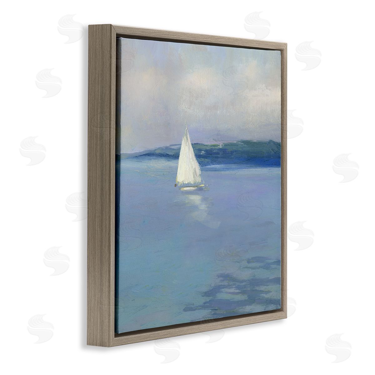 Sally Swatland Serene Sailboat Floating Water Ocean Landscape Painting  Brown Floating Frame Canvas Wall Art Print