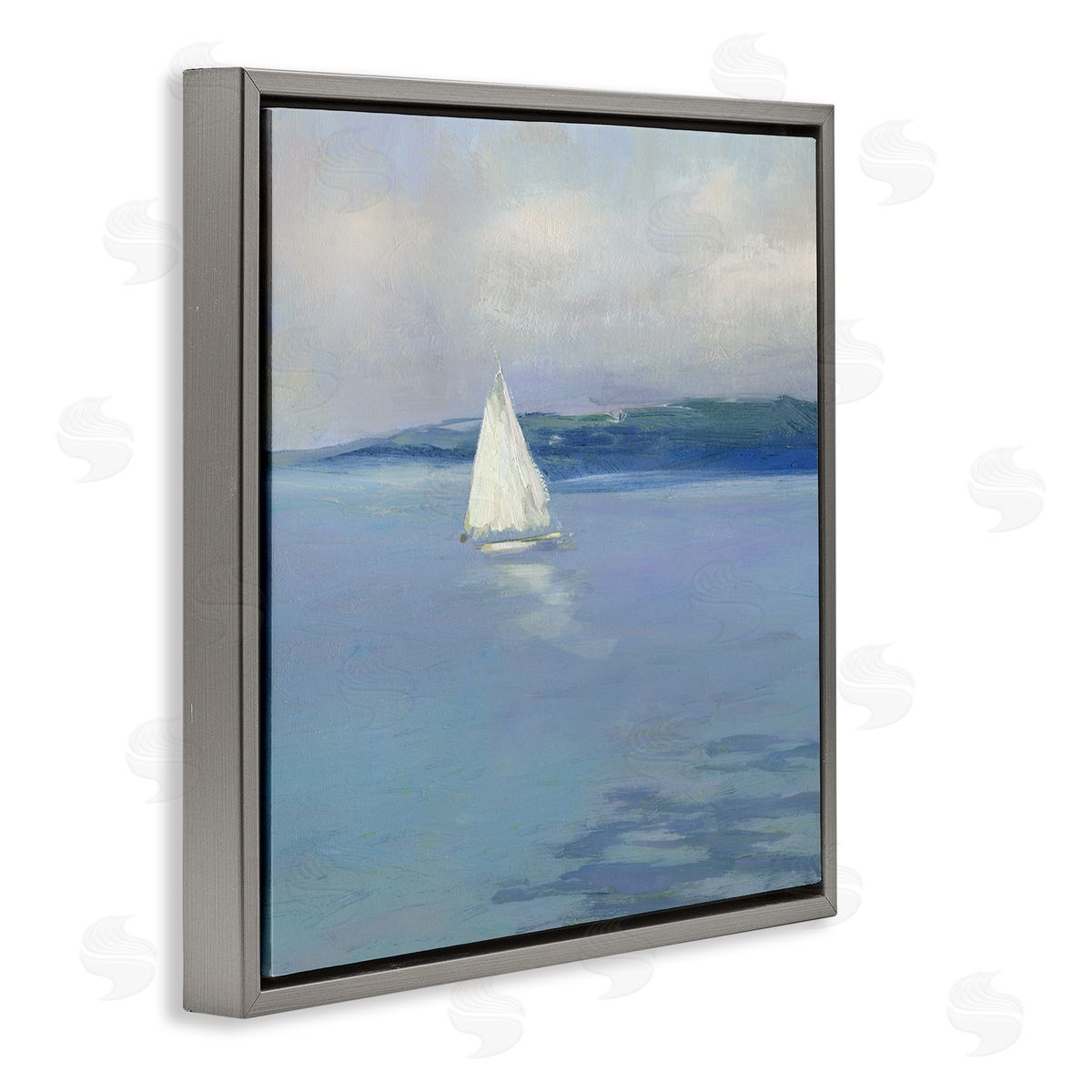 Sally Swatland Serene Sailboat Floating Water Ocean Landscape Painting  Gray Floating Frame Canvas Wall Art Print