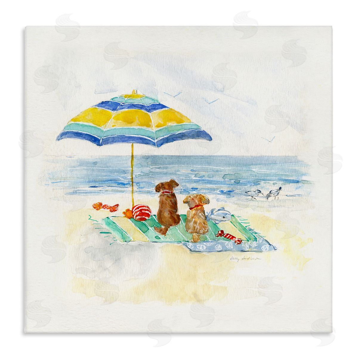 Sally Swatland Cute Playful Dogs Relaxing Beach Umbrella Shoreline Painting Stretched Canvas Wall Art Print