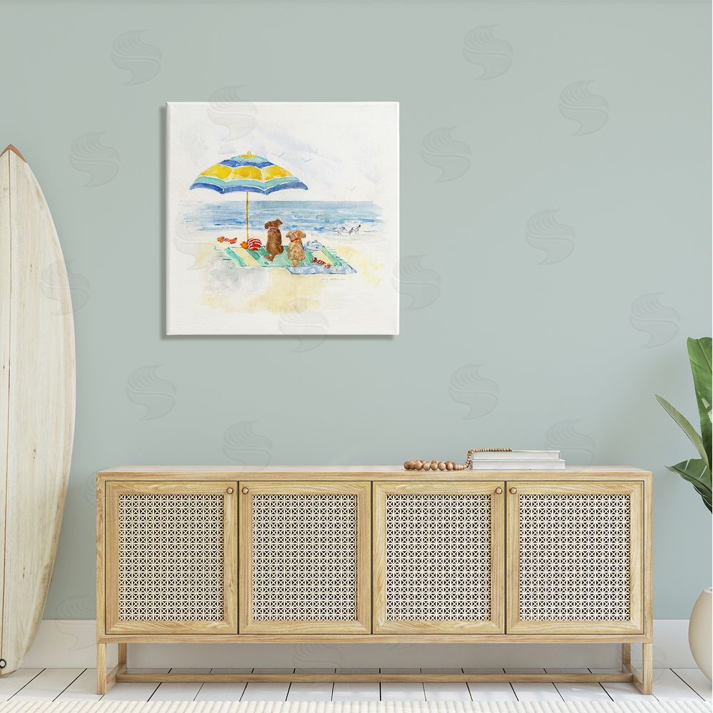 Sally Swatland Cute Playful Dogs Relaxing Beach Umbrella Shoreline Painting Canvas Wall Art in Room