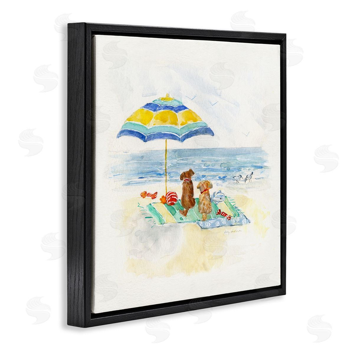 Sally Swatland Cute Playful Dogs Relaxing Beach Umbrella Shoreline Painting Black Floating Frame Canvas Wall Art Print