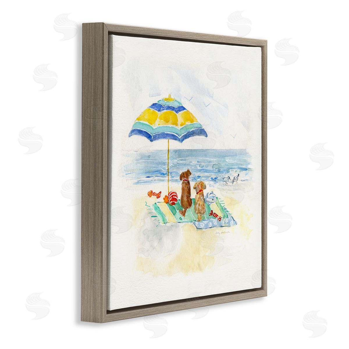 Sally Swatland Cute Playful Dogs Relaxing Beach Umbrella Shoreline Painting Brown Floating Frame Canvas Wall Art Print
