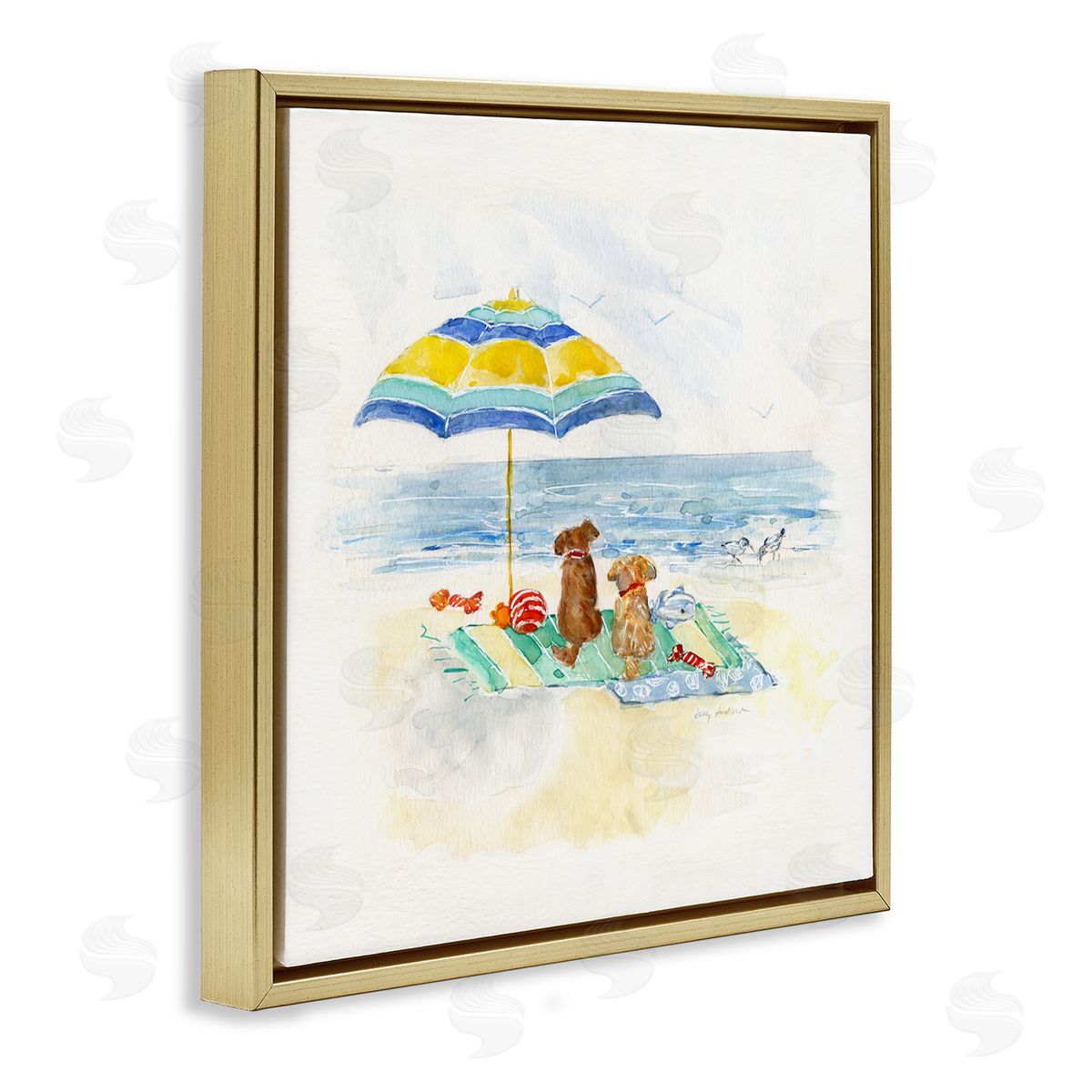 Sally Swatland Cute Playful Dogs Relaxing Beach Umbrella Shoreline Painting Gold Floating Frame Canvas Wall Art Print