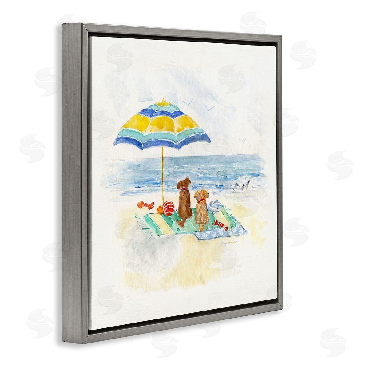Sally Swatland Cute Playful Dogs Relaxing Beach Umbrella Shoreline Painting Gray Floating Frame Canvas Wall Art Print