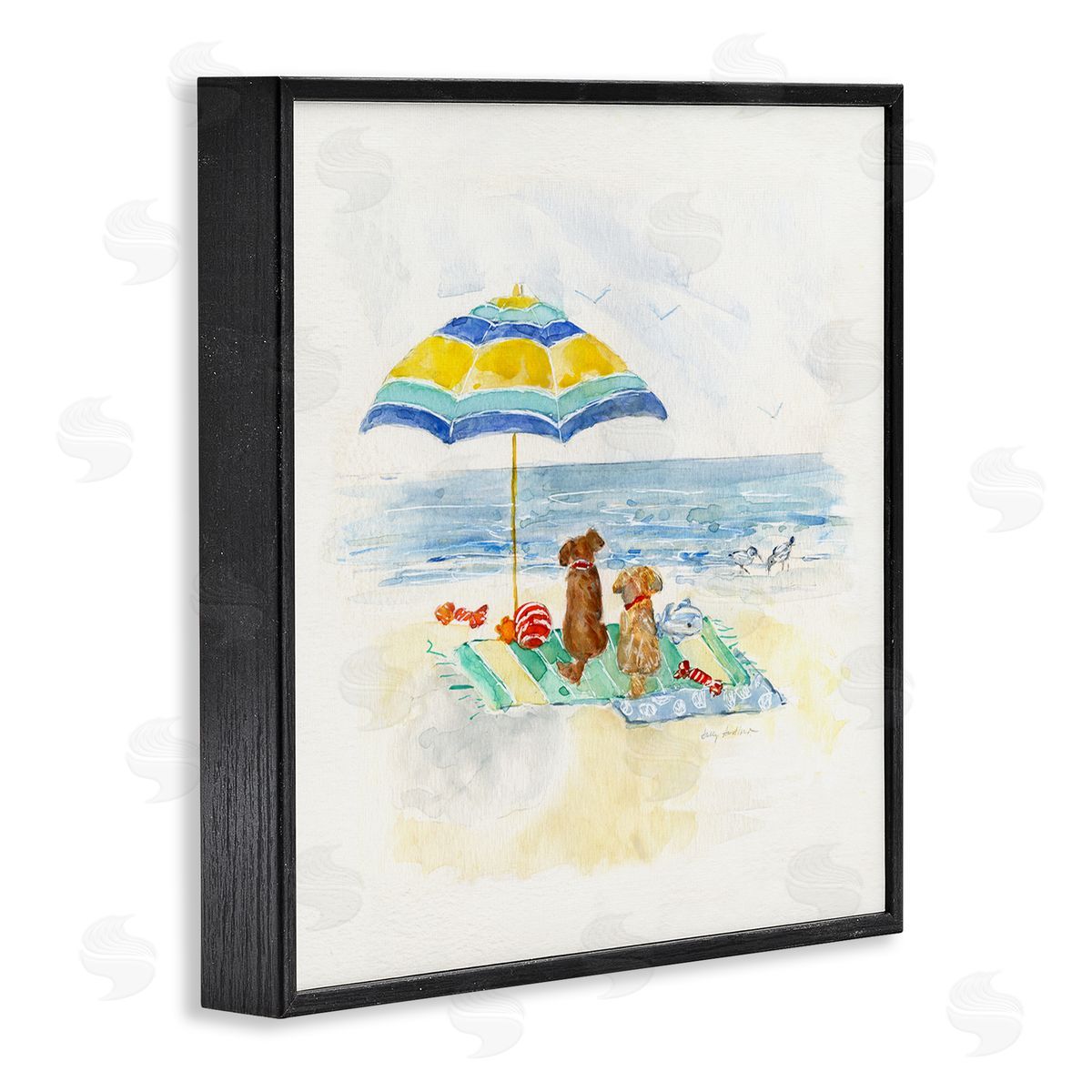 Sally Swatland Cute Playful Dogs Relaxing Beach Umbrella Shoreline Painting Black Framed Glicee Wall Art Print