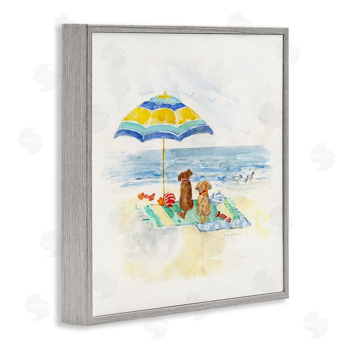 Sally Swatland Cute Playful Dogs Relaxing Beach Umbrella Shoreline Painting Gray Framed Glicee Wall Art Print