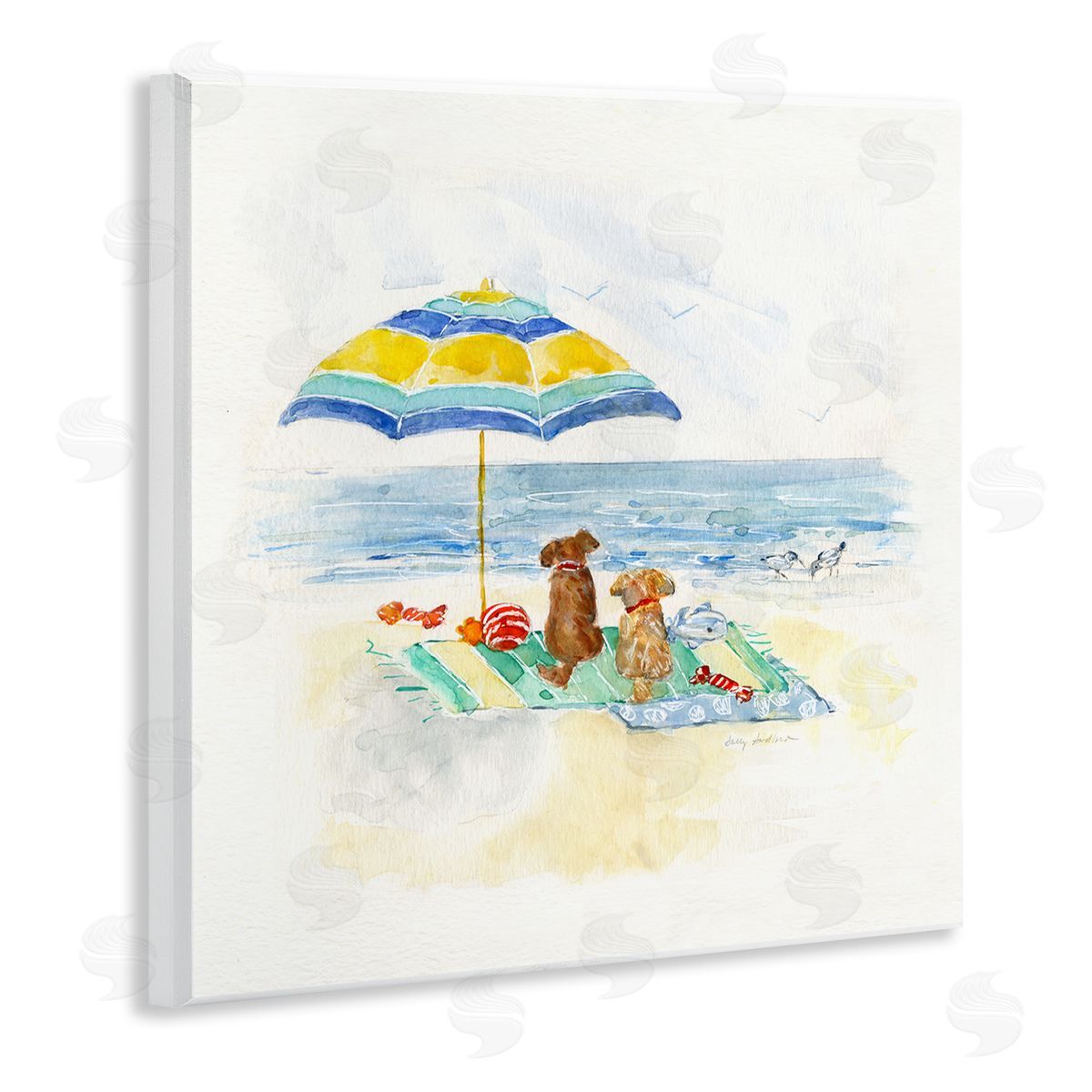 Sally Swatland Cute Playful Dogs Relaxing Beach Umbrella Shoreline Painting Wooden Wall Plaque Art Print